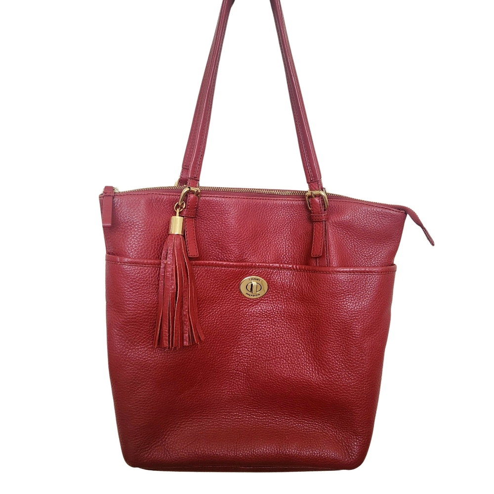 Tommy Hilfiger Red Leather Purse, Shoulder Bag with Tassel